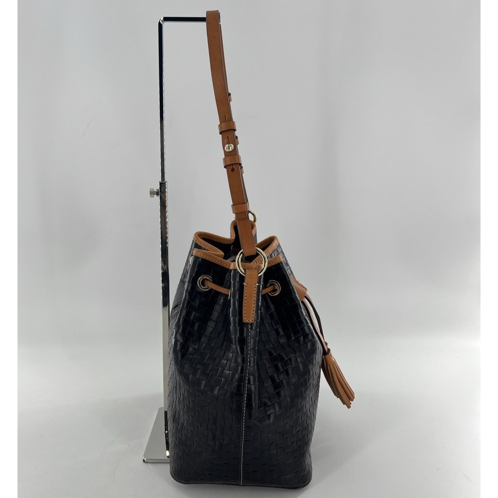 Dooney & Bourke Drawstring Bag Woven Look Embossed Leather Black & Caramel Trim - Picture 6 of 16